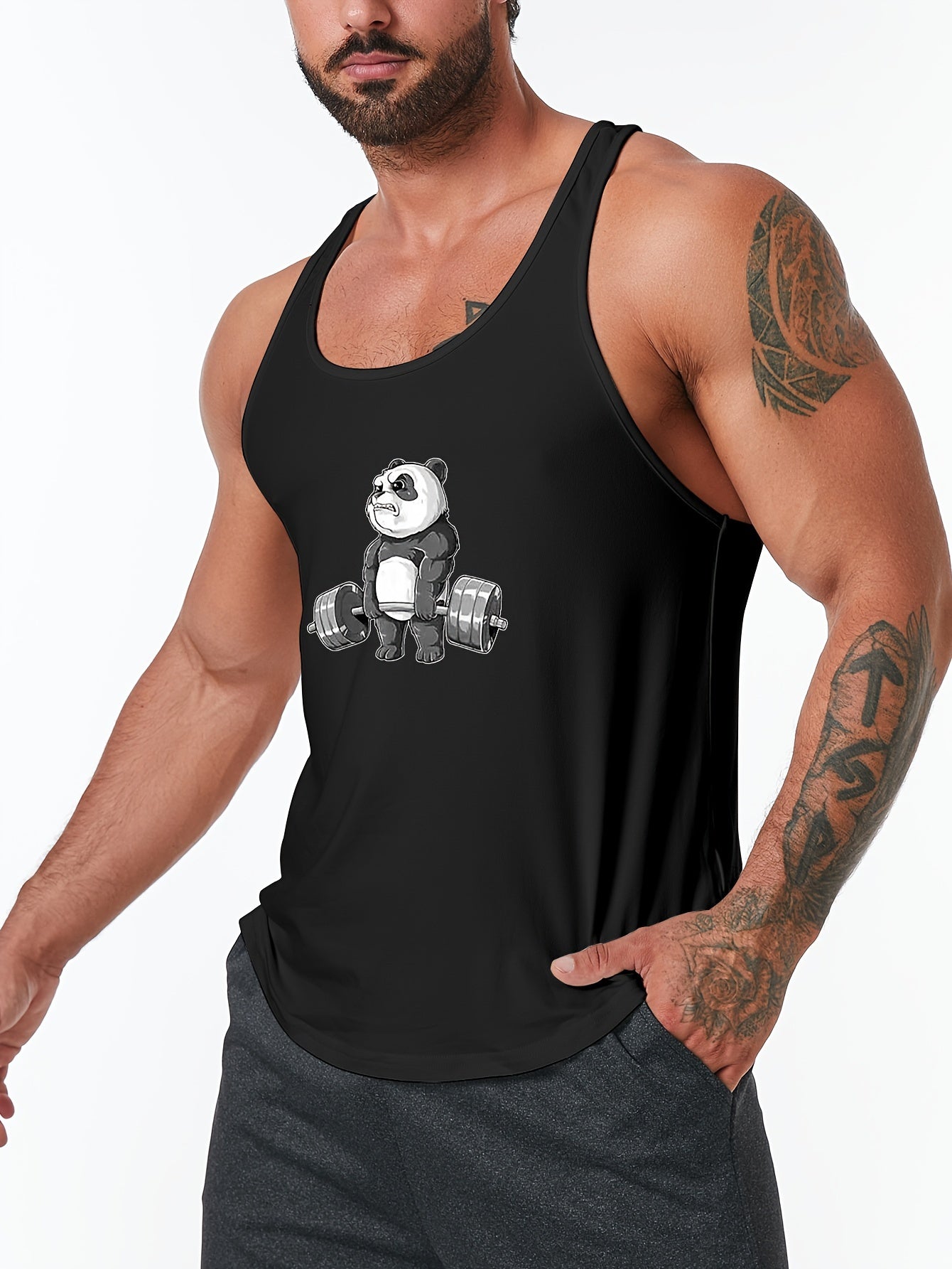 Casual, sleeveless, breathable tank top with cartoon panda print for men.