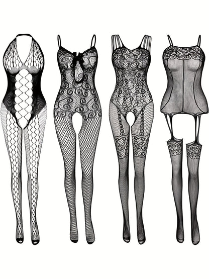 Set of 4 sexy fishnet bodystockings with open crotch and jacquard design for women's lingerie.