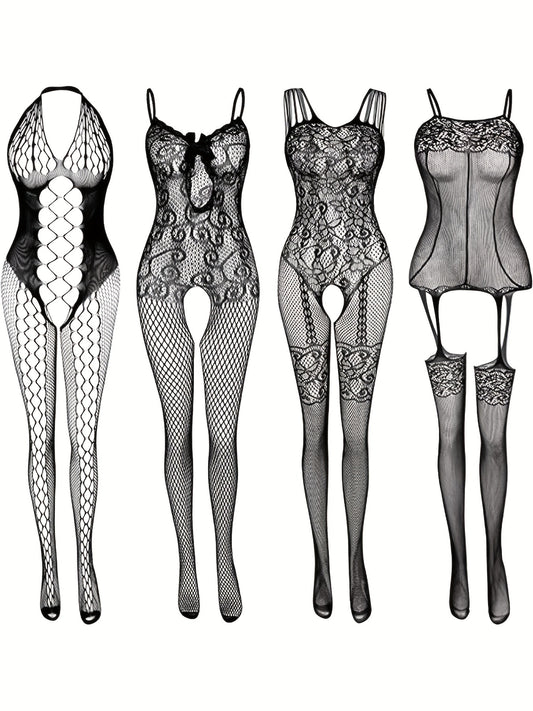 4 ta jozibali tarmoq bodystocking to'plami, ochiq qorin va jakard dizayni bilan ayollar uchun ichki kiyim.