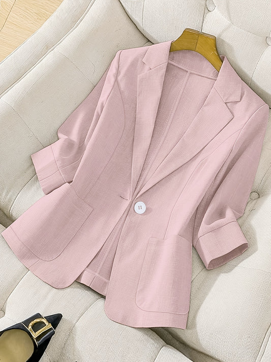 Women's lime green fashion blazer is single-breasted and made of lightweight polyester. Features a classic collar, two flap pockets, and a straight cut for spring/summer elegance.