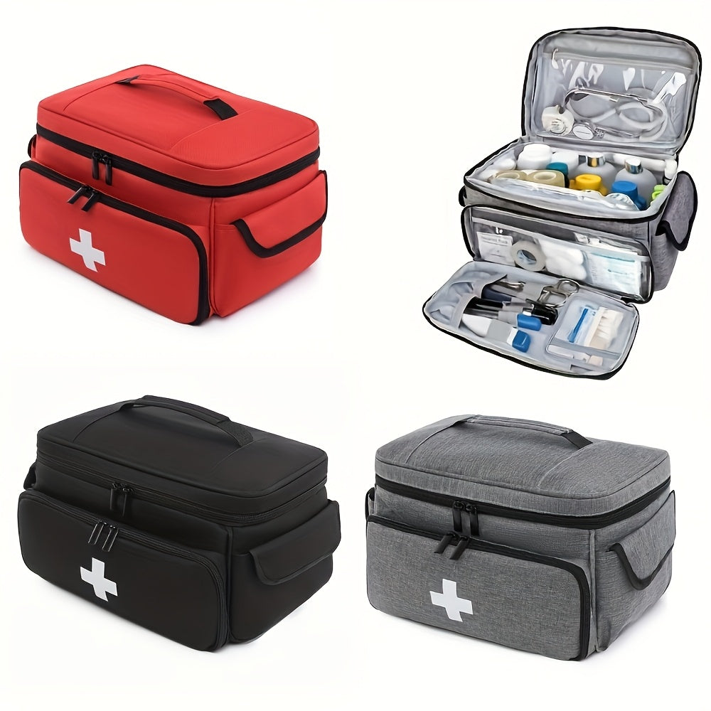 Durable PU medicine storage bag with multiple compartments for home and emergency needs. Non-food safe. Available in red, black, and grey for first aid use.