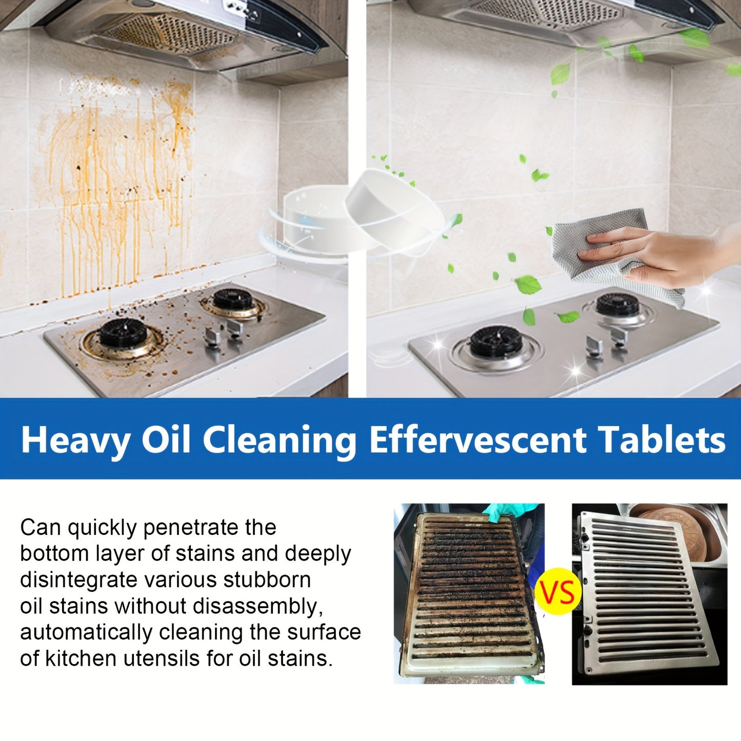 Potent tablets for cleaning kitchen surfaces with tough grease stains.