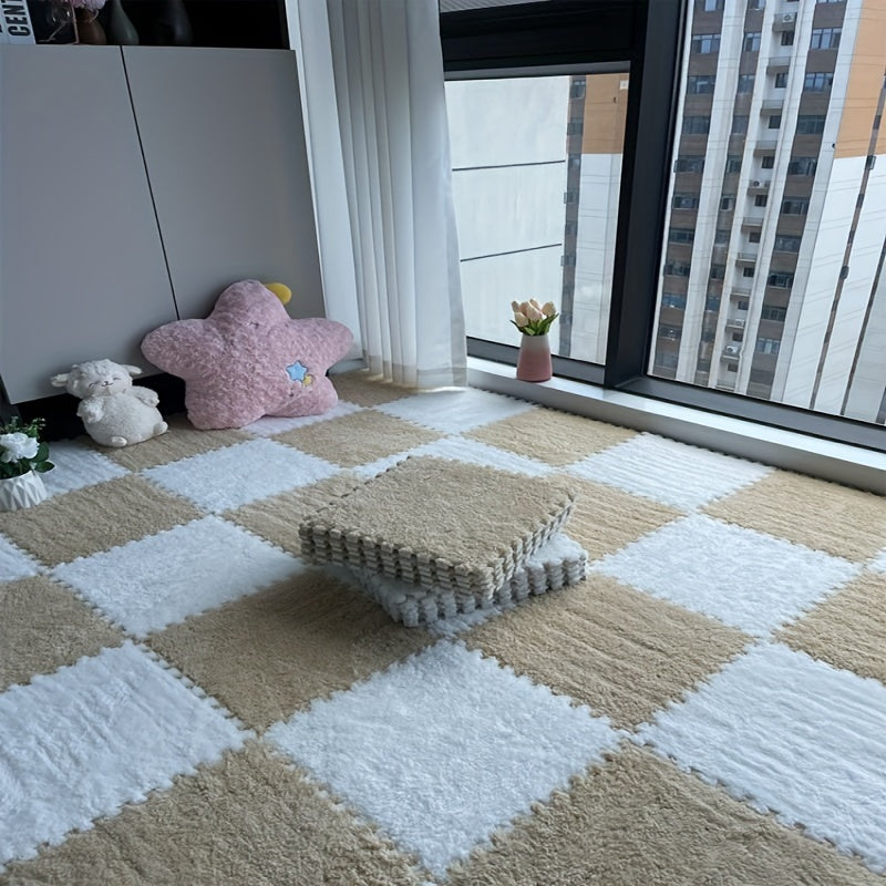 24-piece set of geometric plush area rugs made from washable polyester & EVA, perfect for indoor use in bedrooms and living rooms, pet-friendly and holiday themed.