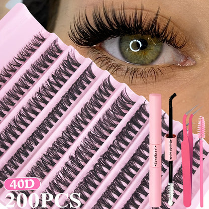 200pcs DIY Eyelash Extension Kit with mixed 8-16mm lengths, waterproof faux mink lashes suitable for all eye shapes. Soft, comfortable, and easy to apply for beginners, reusable with