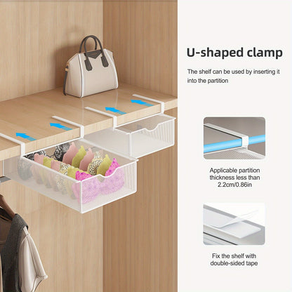 A compact underwear organizer with pull-out hanging storage for bras, socks, and panties. Features a polished metal finish and can be used as a portable closet drawer divider.