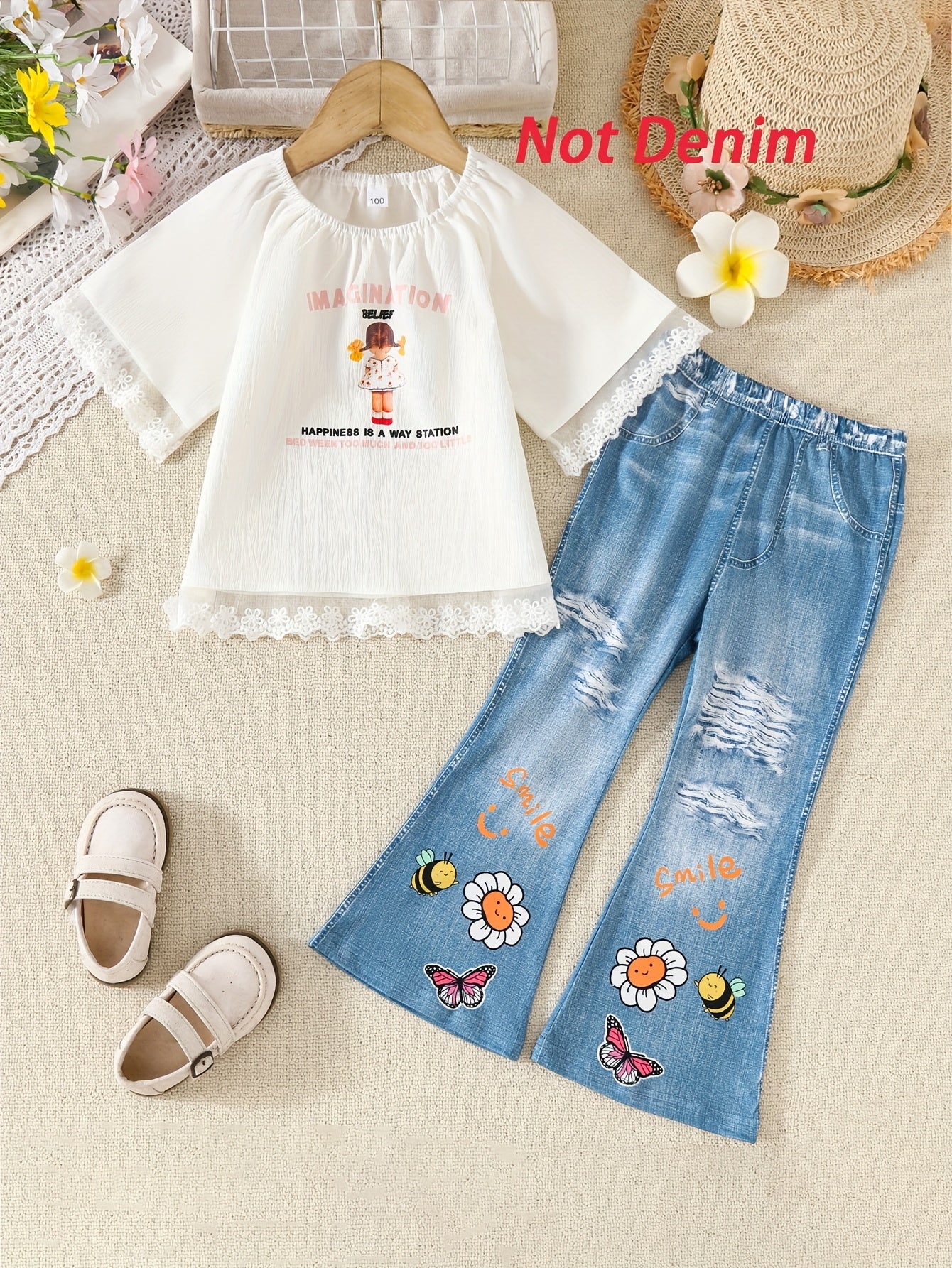 Stylish girls' summer outfit with lace-trimmed top and faux denim pants, machine washable, perfect for outdoor wear.