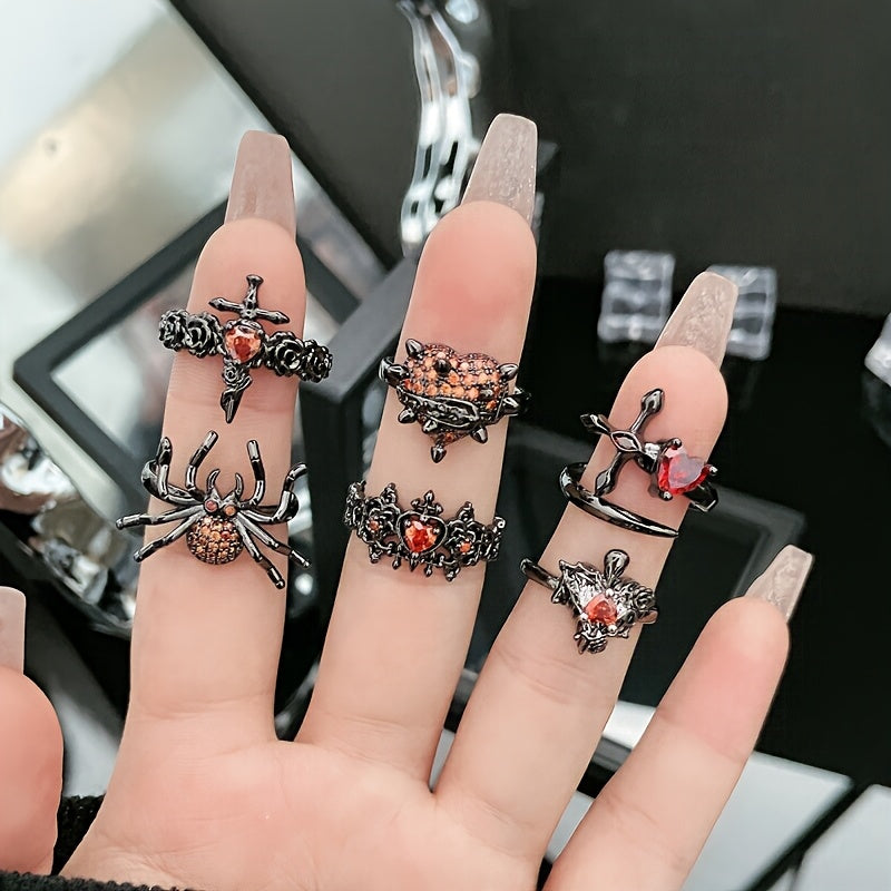 Set of 6 Gothic Black Rose Cross Adjustable Rings, Featuring Spider Cross Design with Sparkling Rhinestones, Stylish Alloy Rings for Women - Ideal for Everyday or Special Occasions