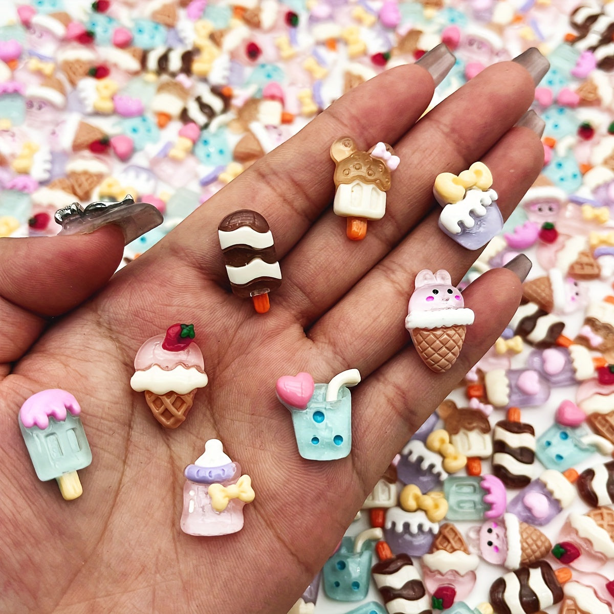 Set of 50 adorable Kawaii cartoon ice cream cone resin flatback charms for crafting DIY scrapbooking, phone case decoration, and hair clip embellishment