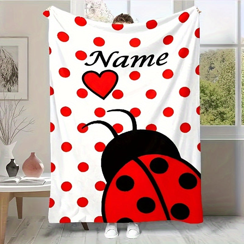 Customize your own Ladybug Print Flannel Throw Blanket with a personalized name! This cozy fleece throw is perfect for use on your sofa, bed, office, or even outdoors while camping. The all seasons cartoon style multipurpose blanket is machine washable