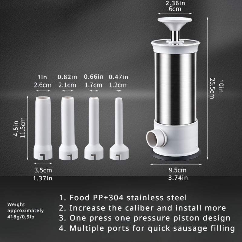 Manual sausage stuffing machine made of stainless steel, perfect for making homemade meat sausages and meatballs. Includes 2 and 5 pieces.