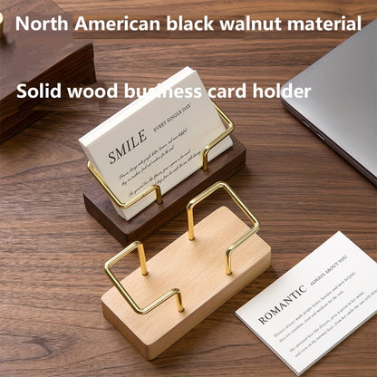 Elegant desktop business card holder made of black walnut and beech wood, ideal for business gifts.