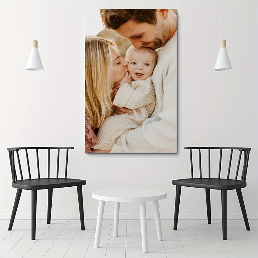 Customize your space with a personalized family photo canvas print, framed and UV printed for lasting quality. Perfect for the dining room, kids room, living room, bedroom, or office, this wall art will add a touch of elegance to any space.