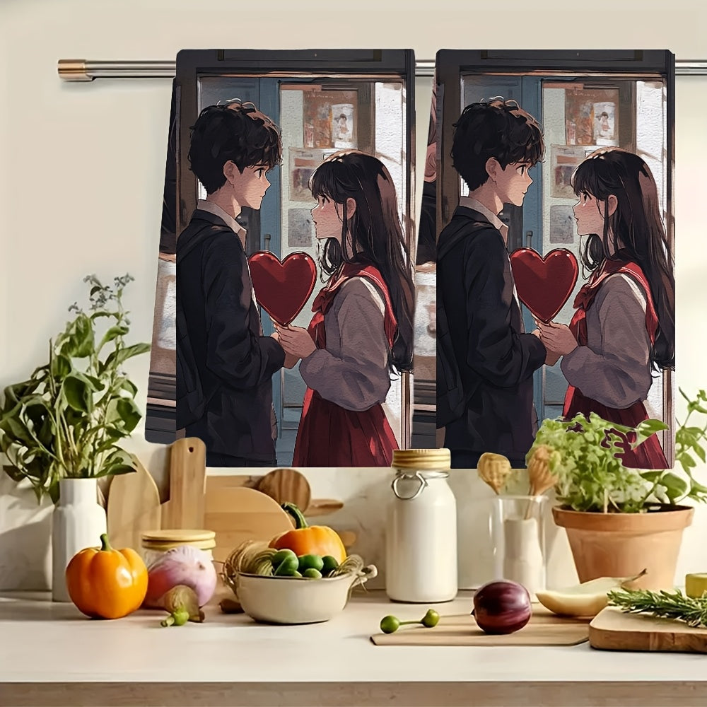 Set of 2 Ultra Soft Kitchen Towels featuring an adorable anime boy presenting a heart-shaped mirror to an anime girl, who is joyfully looking at her reflection. These highly absorbent dish hand towels are perfect for holiday decor. Machine washable for