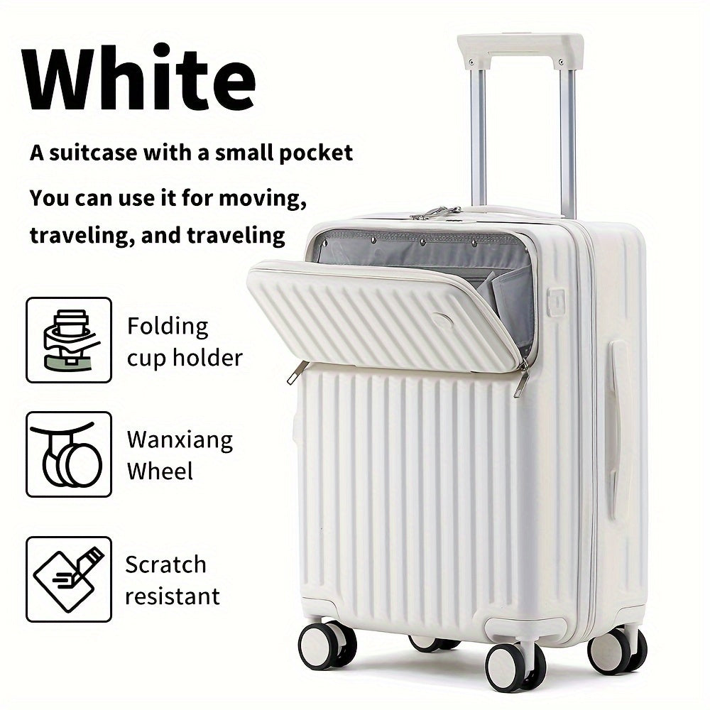 20-Inch Lightweight Hard-Shell Spinner Luggage with USB Port, Expandable Handle, and Multi-Directional Wheels, Stylish White Suitcase for Travel and Business Trips.