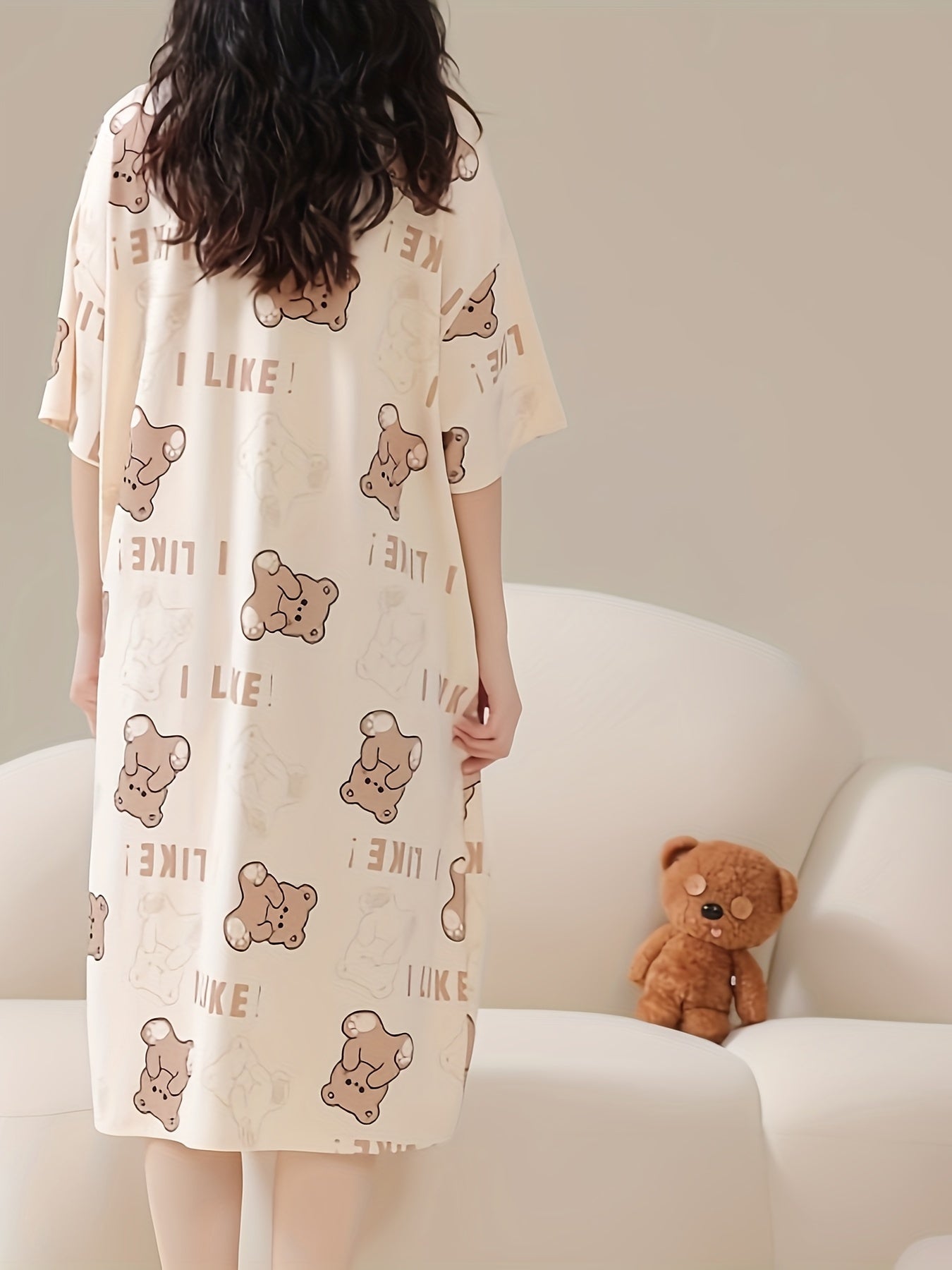 Summer Cartoon Bear Print Slim Fit Dress, Short Sleeve, Round Neck