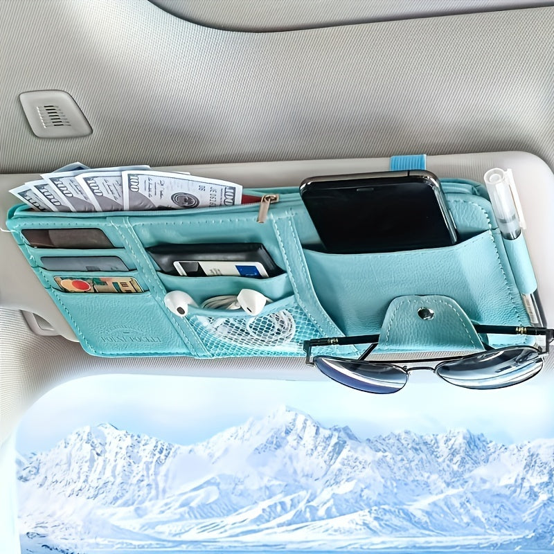 Car sun visor storage box with multiple functions: sunglasses organizer, card pouch, interior accessory.