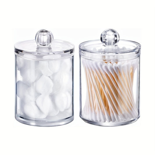 2 Clear plastic canisters with lids for Q-tips and swabs - perfect for bathroom and makeup storage.