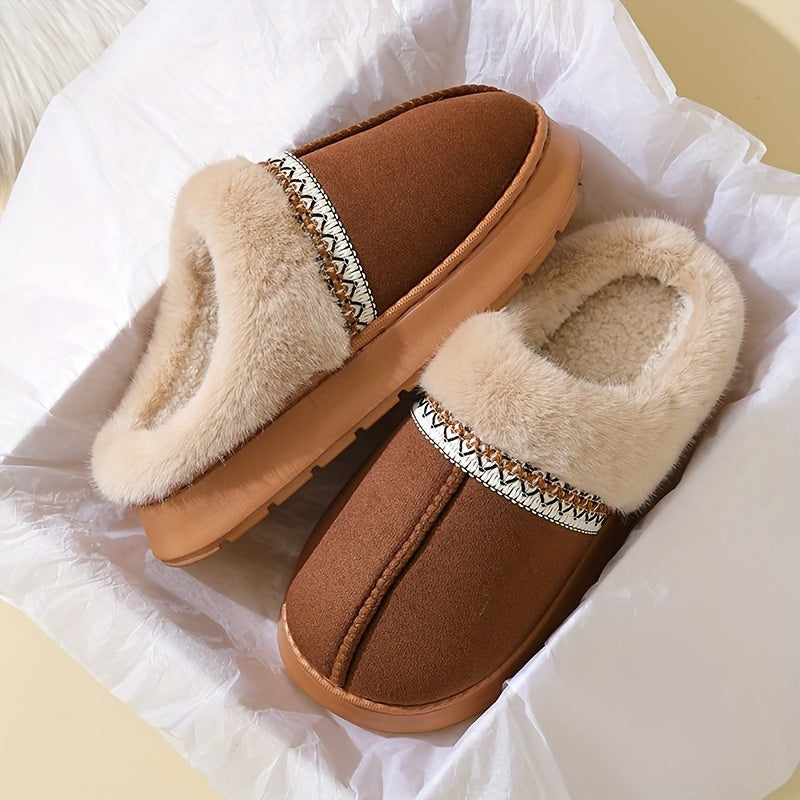 Women's cozy slippers with plush lining, non-slip EVA sole, soft fabric, casual style, hand wash only, solid color, all-season wear, no print.