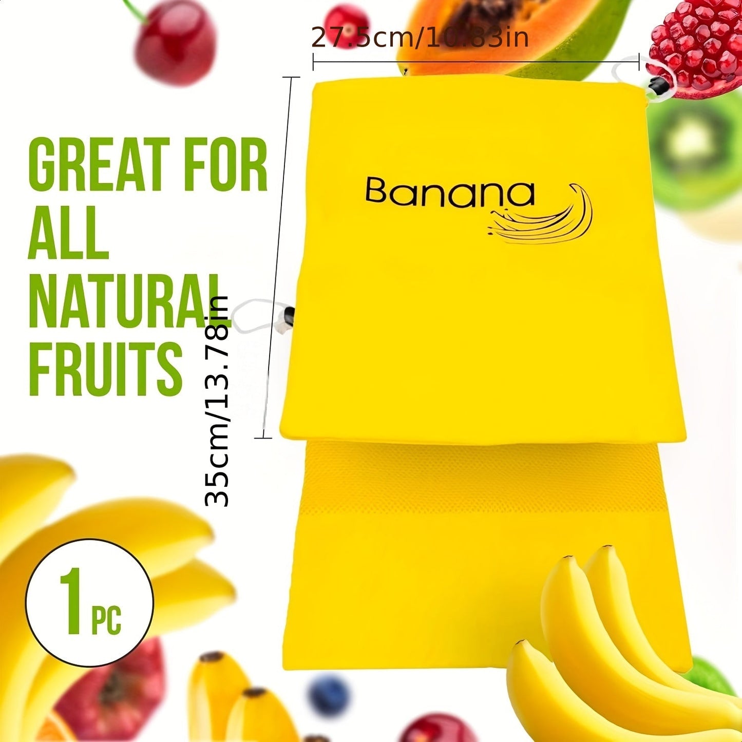 Reusable banana storage bag with drawstring, made of food-grade nylon and aluminum. Large capacity and double stitched to prevent ripening. Ideal for storing fruits and vegetables in the refrigerator. Perfect for lettuce and other vegetables.