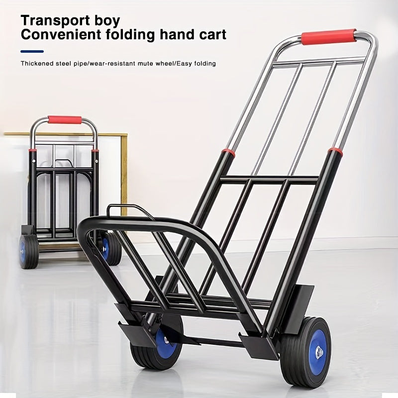 Compact folding hand truck for medium duty tasks, features ergonomic handle, durable steel frame, and plastic wheels. Ideal for shopping, moving luggage, or transporting cargo. Suitable for