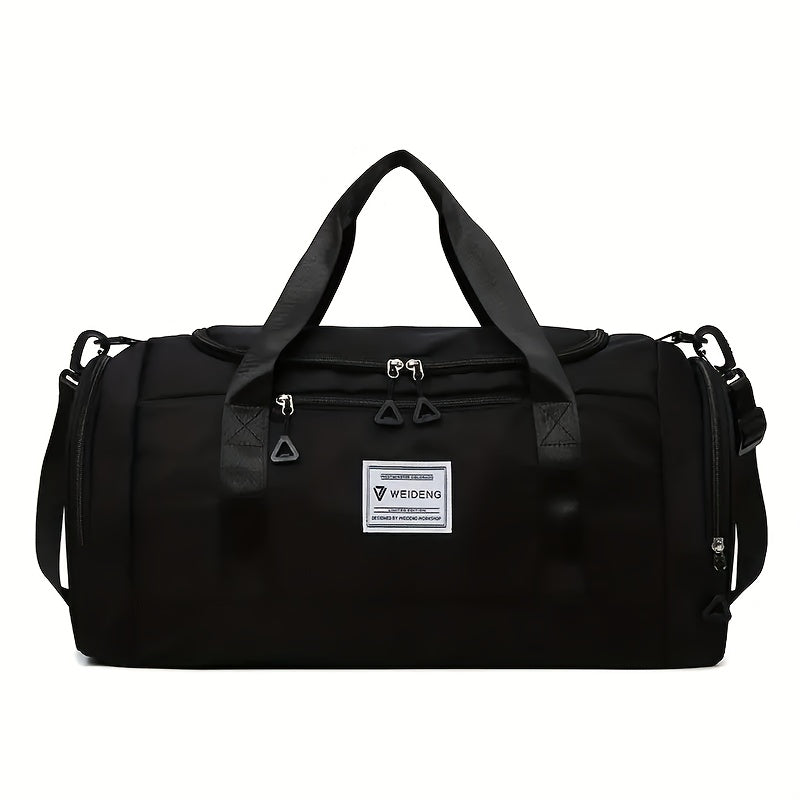 Black Oxford cloth gym duffel bag with shoe compartment; hand washable for sports and travel.