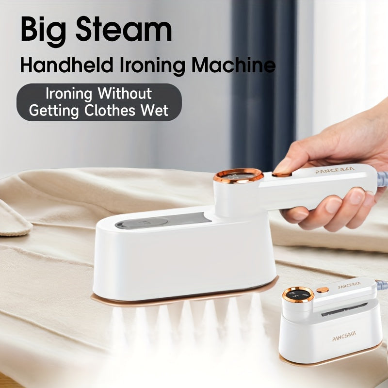 1 piece of 2-in-1 Handheld Garment Steamer Iron with a 1050W power, large soleplate, LED display, and 3 adjustable steam levels. Made of metal and plastic, this fabric wrinkle remover is travel-ready with a 220-240V EU plug.