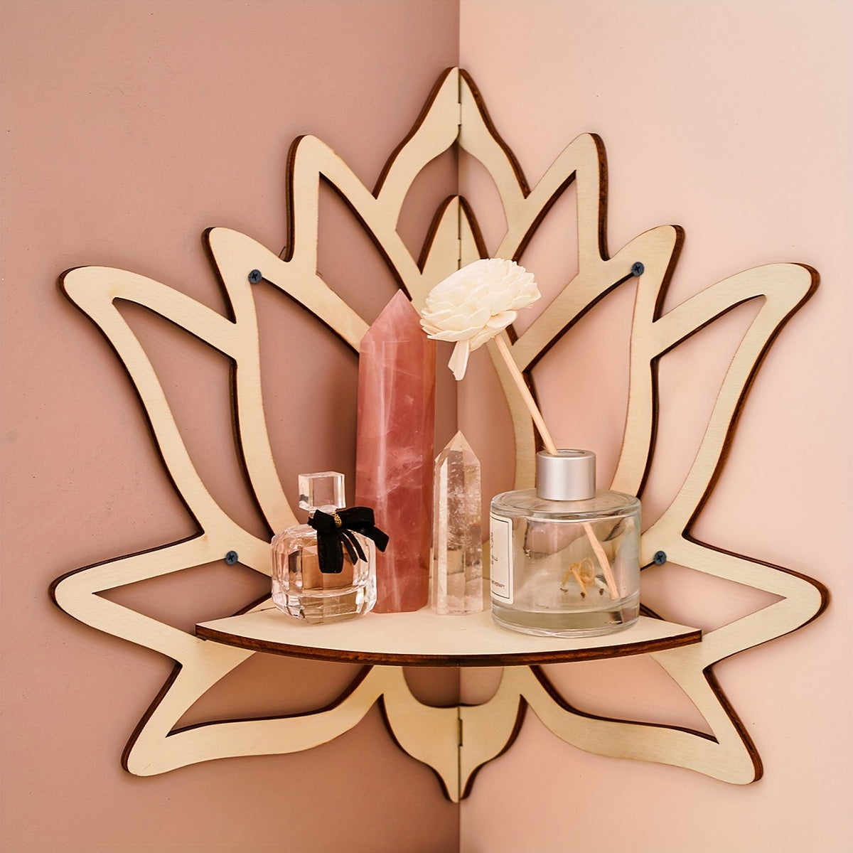 Creative lotus-shaped rack for wall display, hand-assembled wooden storage shelf for home decor. (Nails not included)