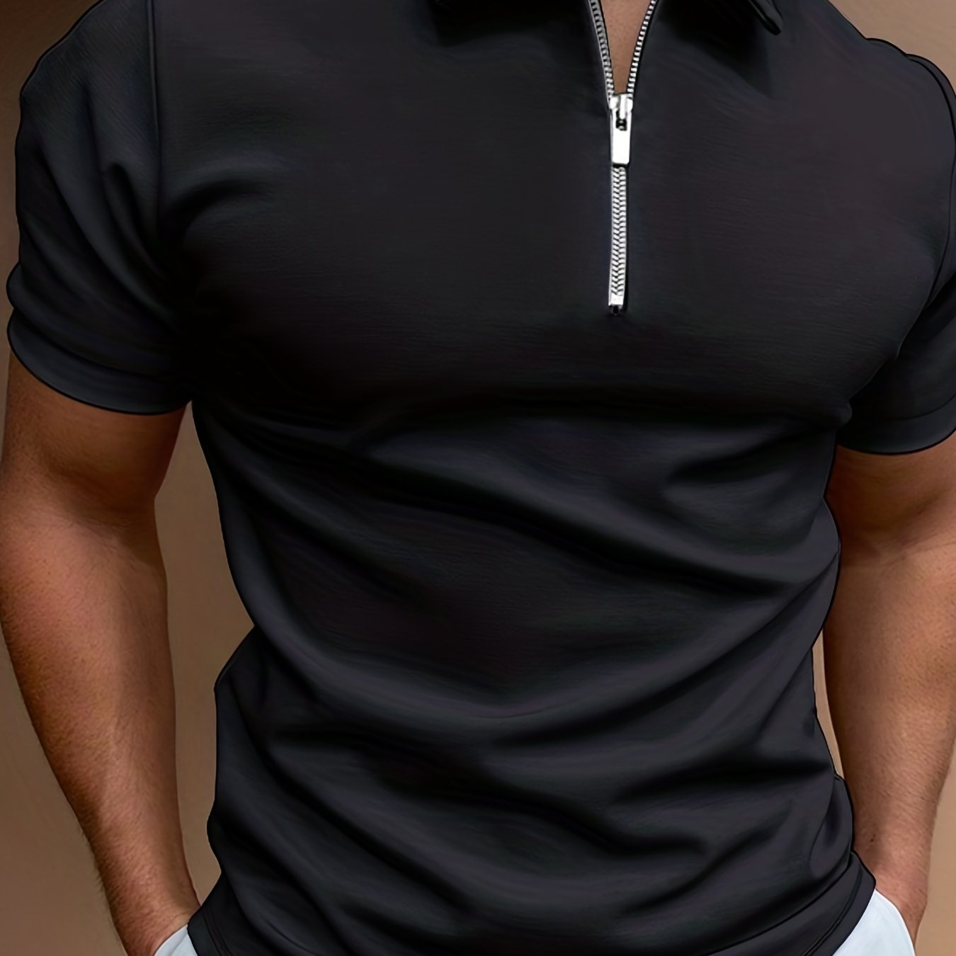 Men's classic white shirt with short sleeves, zipper collar, and stretch polyester fabric - ideal for casual summer style and golf.