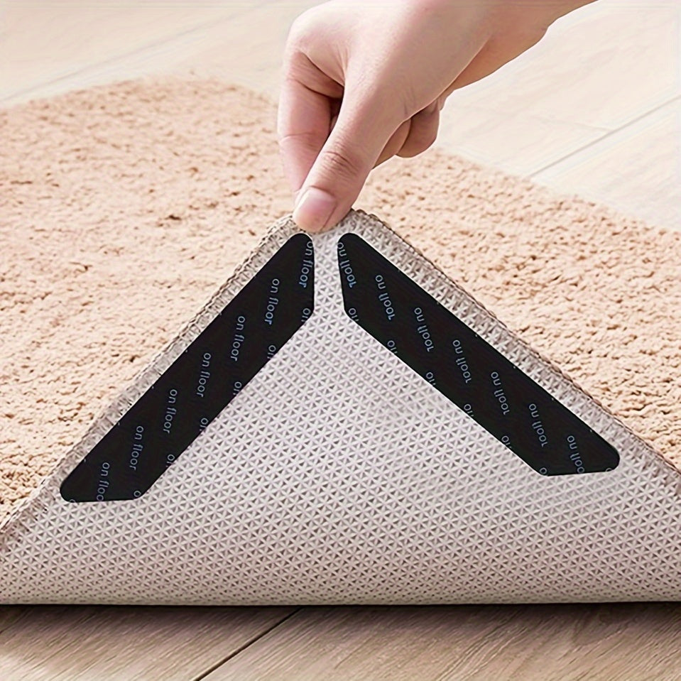 Get 8, 12, or 16 reusable washable carpet holders for hardwood floors and area rugs. This double sided carpet tape is non-slip and perfect for corners. Say goodbye to slipping and sliding carpets on wood and tile floors with this non-slip carpet sticker