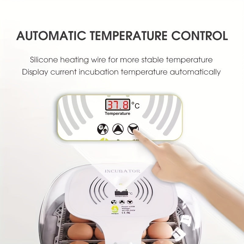 Fully automatic 16 egg incubator with turning and humidity control for incubating various types of domestic animal eggs.