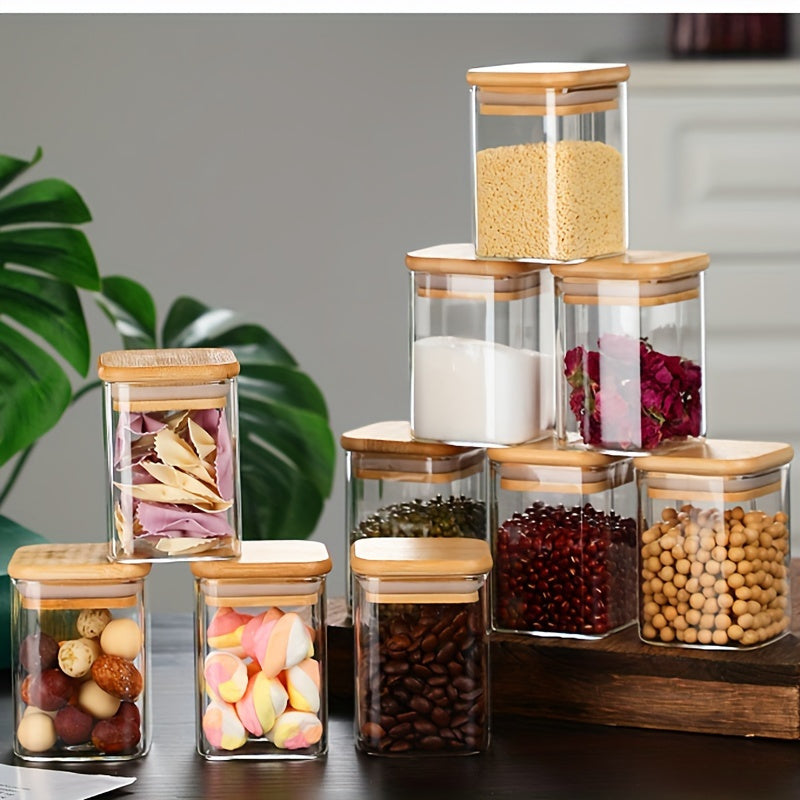 10-Piece Square Glass Spice Jars Set with Measuring Spoon and Airtight Bamboo Lids for Dining and Cookingpurposes.