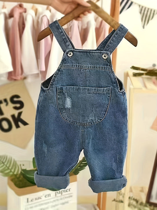 Infant & toddler girl's denim jumpsuit with pocket patches and ripped overalls, perfect for spring and summer.