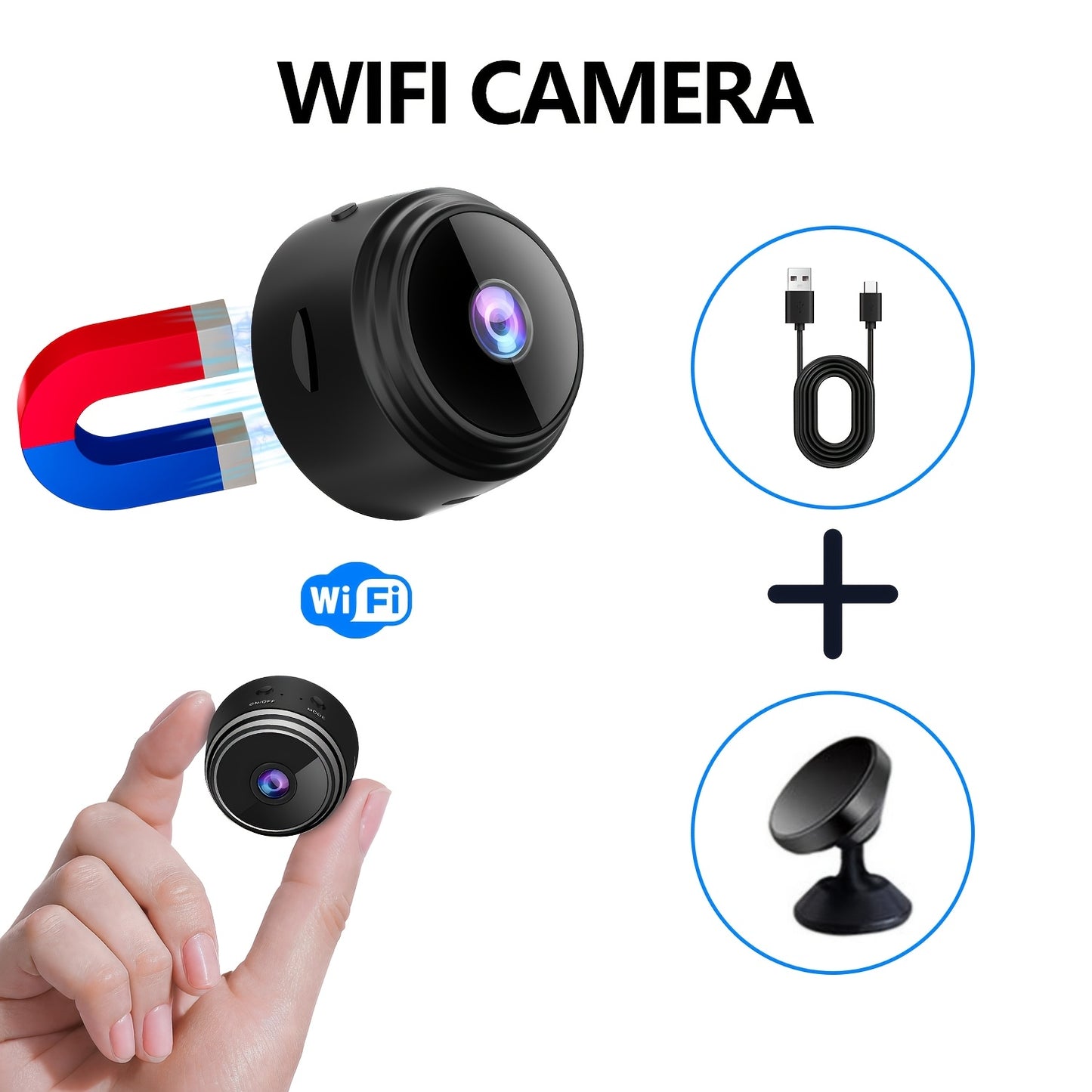 Small wireless security camera for indoor/outdoor surveillance, with remote viewing app, USB power, rechargeable battery, home assistant features, and personal housekeeper assistant.