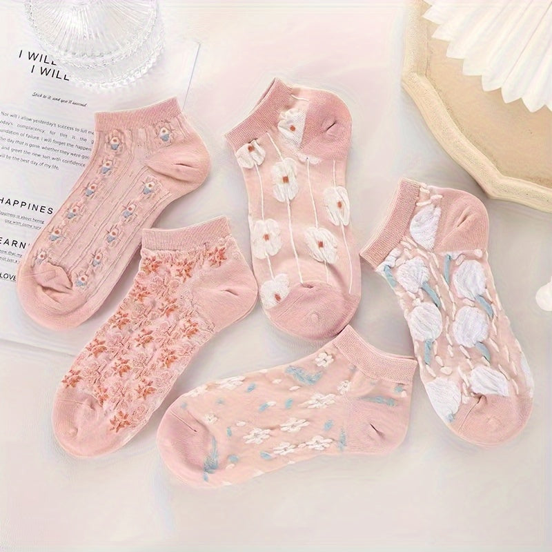 5 sheer pink floral ankle socks for women made of soft polyester with delicate flower patterns, ideal for spring and autumn.