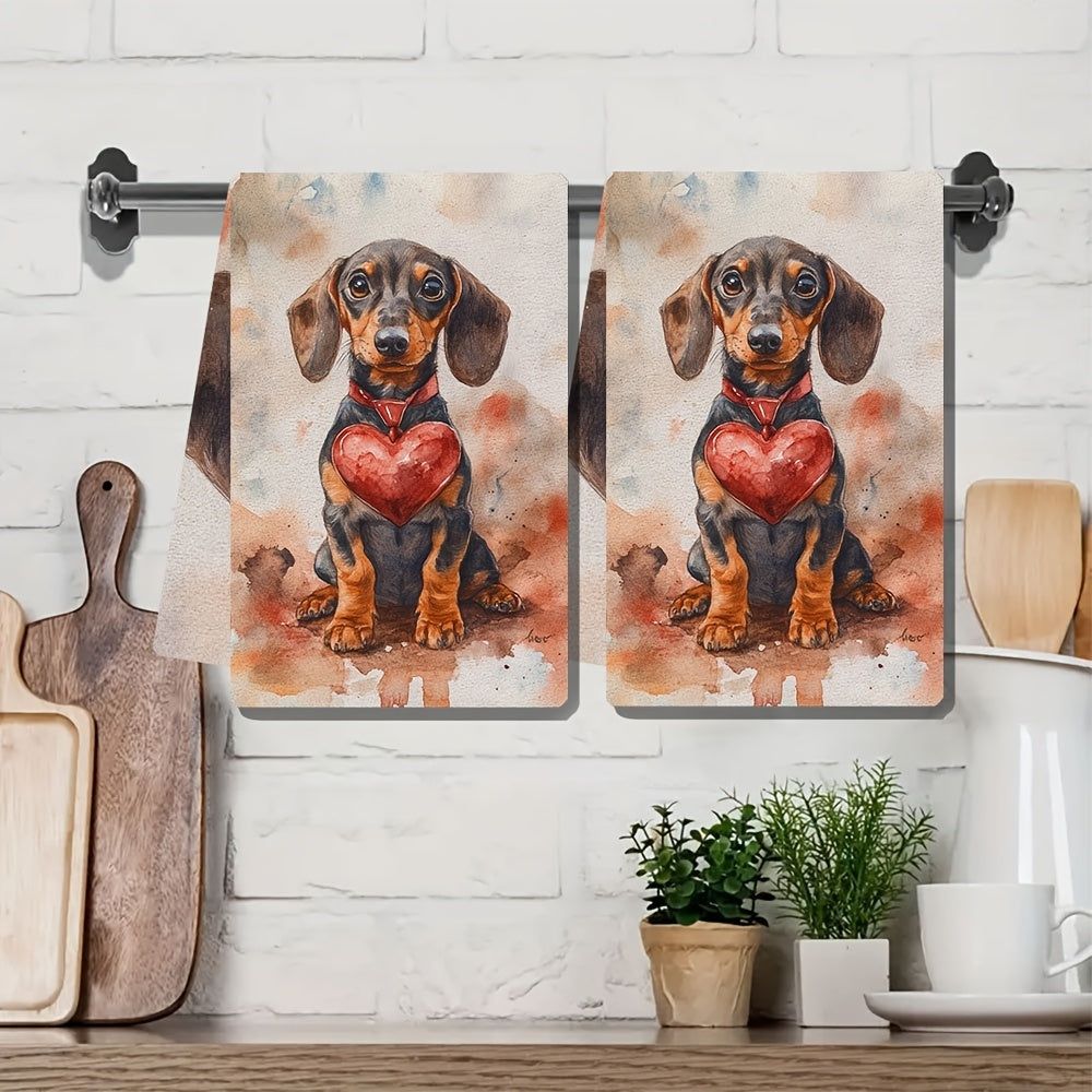 Get two ultra soft kitchen towels featuring an adorable dachshund puppy with a heart design. These highly absorbent and machine washable hand towels measure 40.64x60.96 cm and are perfect for Valentine's Day decor or as dish towels.