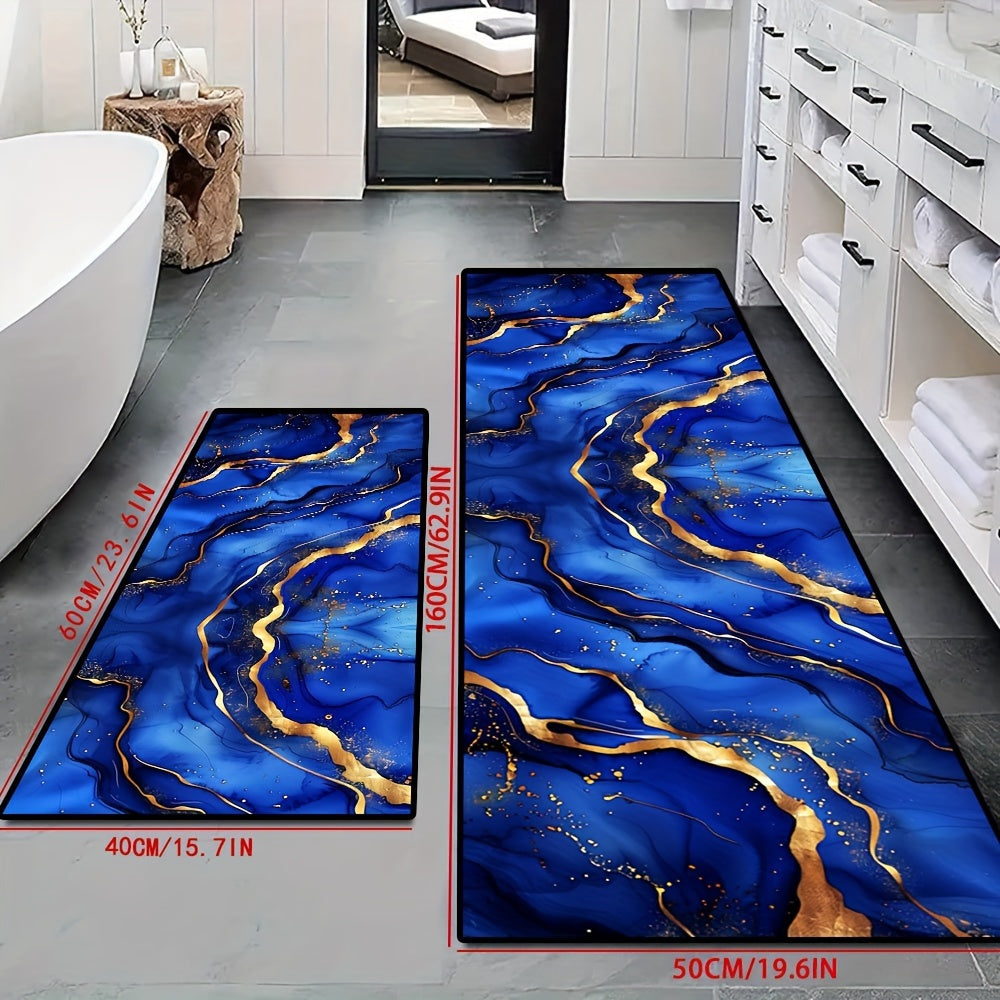 Indulgent Blue and Gold Abstract Art Crystal Velvet Rug - Yumshoq, Qaytmas, Oson tozalash, Mashinada yuvish mumkin, 850g/m², 6mm qalin, Oshxonalar, O'yin xonalari va Kir yuvish joylari uchun mukammal, Oshxona matlari