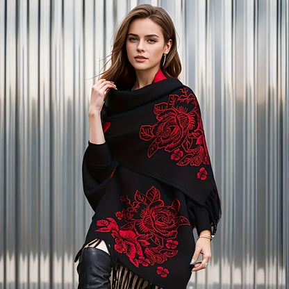 Double-sided knit shawl with floral design in black & beige/red, perfect for autumn & winter. Hand wash or dry clean for care.