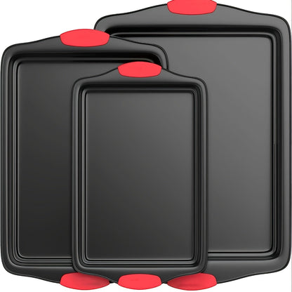 [Bestseller] Set of 3 Carbon Steel Non-Stick Baking Pans with Red Silicone Handles - Professional Grade Oven Trays for Home and Commercial Kitchens