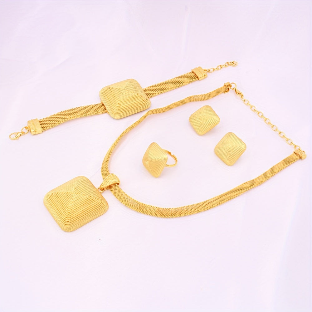 JIAMILA Luxury Tribal Style Jewelry Set, featuring a necklace, bracelet, ring, and earrings in golden plated zinc alloy. Perfect for women to wear on both everyday occasions and festivals. Makes a great Valentine's Day gift and is suitable for all