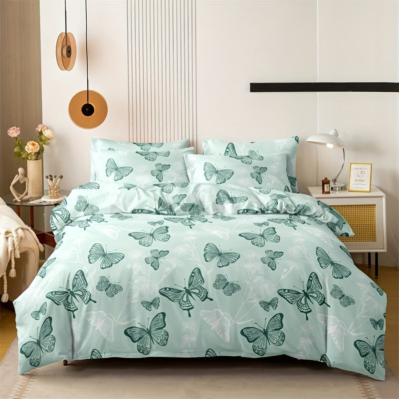 3pcs Butterfly Print Duvet Cover Set made of soft, breathable 100% polyester. Machine washable, all-season comfort. Perfect for animal theme bedroom decor. Duvet insert not included.