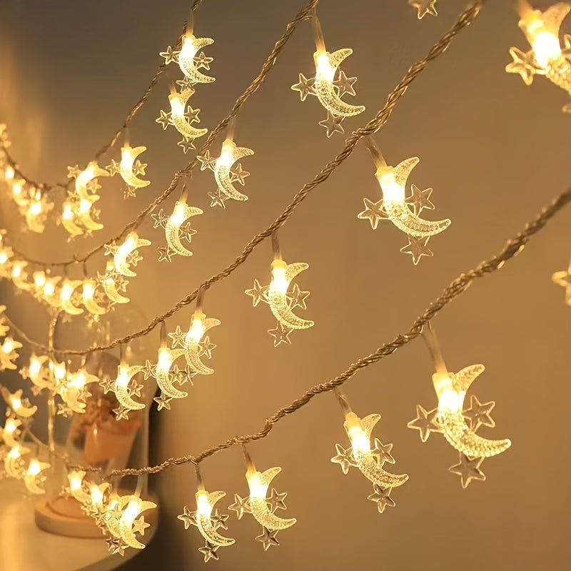 LED Moon and Star String Lights with switch control, battery-powered for wedding and home decor creating a festive atmosphere.