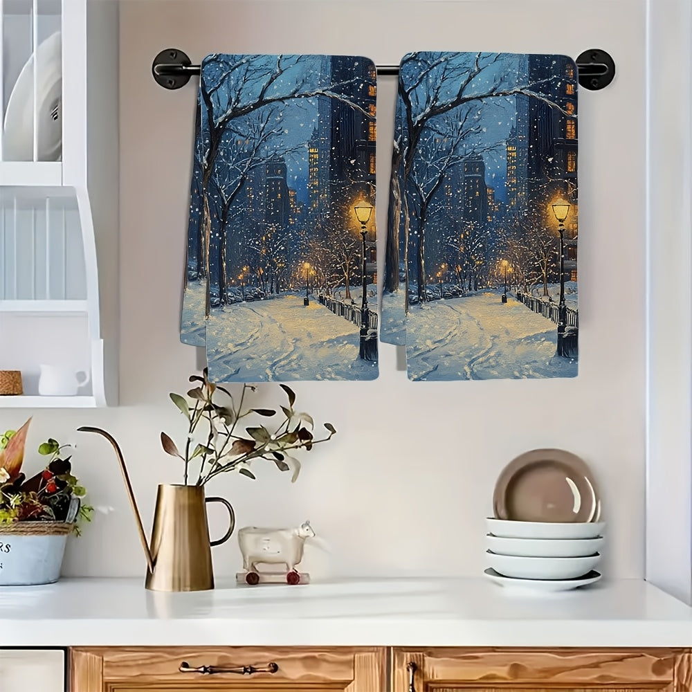 Enjoy the luxury of 2 ultra soft kitchen towels featuring a "Tranquil Snowy Night in City" scene. These highly absorbent and machine washable dish hand towels measure 40.64x60.96 cm and are perfect for adding a touch of holiday decor to your kitchen.