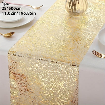 Golden Foil Table Runner with Elegant Polyester Mesh Design, Perfect for Parties, Weddings, and Holidays