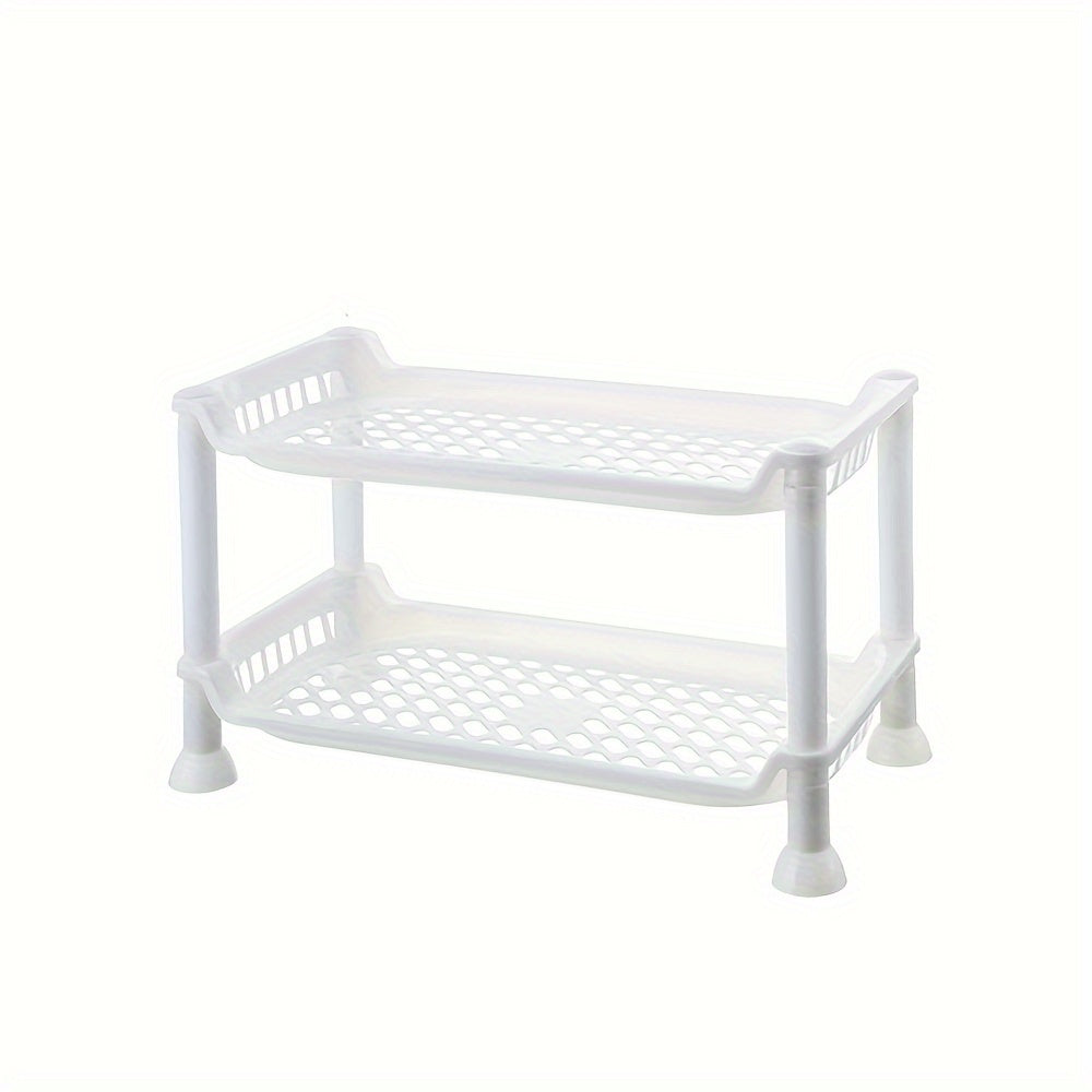 Plastic bathroom vanity organizer shelf for makeup, toiletries, and sundries storage in the bathroom.