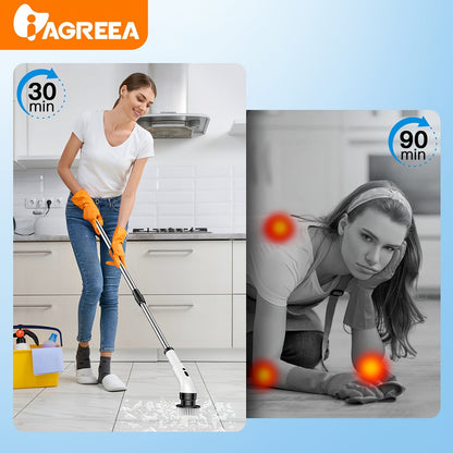 The IAGREEA electric rotary scrubber features 3 adjustable speeds and comes with a cordless electric rotary cleaning brush. It includes a handheld shower with 9 replaceable brush heads, an adjustable extended handle, and is suitable for use on tiles