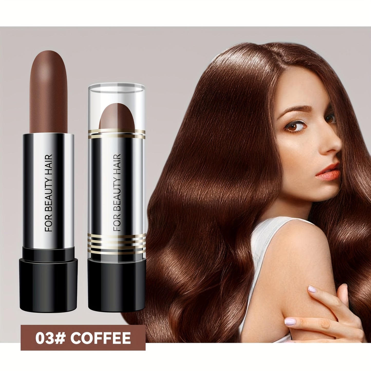 Temporary hair color stick for long-lasting coverage of white and grey hair.