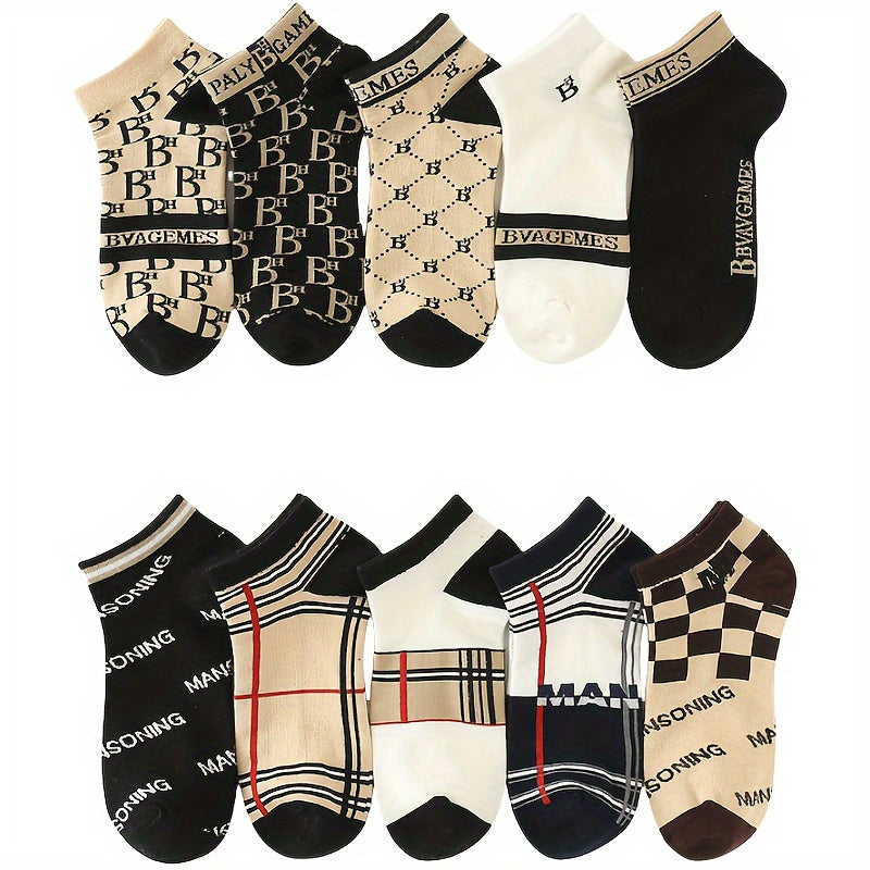 10 pairs of men's stylish ankle socks with letter pattern, made from breathable polyester blend.