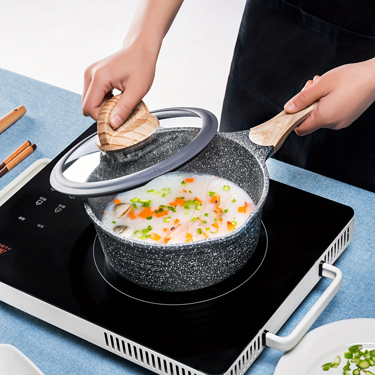 One piece of Induction Stovetop Compatible Maifanshi Milk Pot with Glass Lid - 20cm Aluminum Non-Stick Saucepan, Suitable for Gas Stove, Ideal for Universal Breakfast Cooking