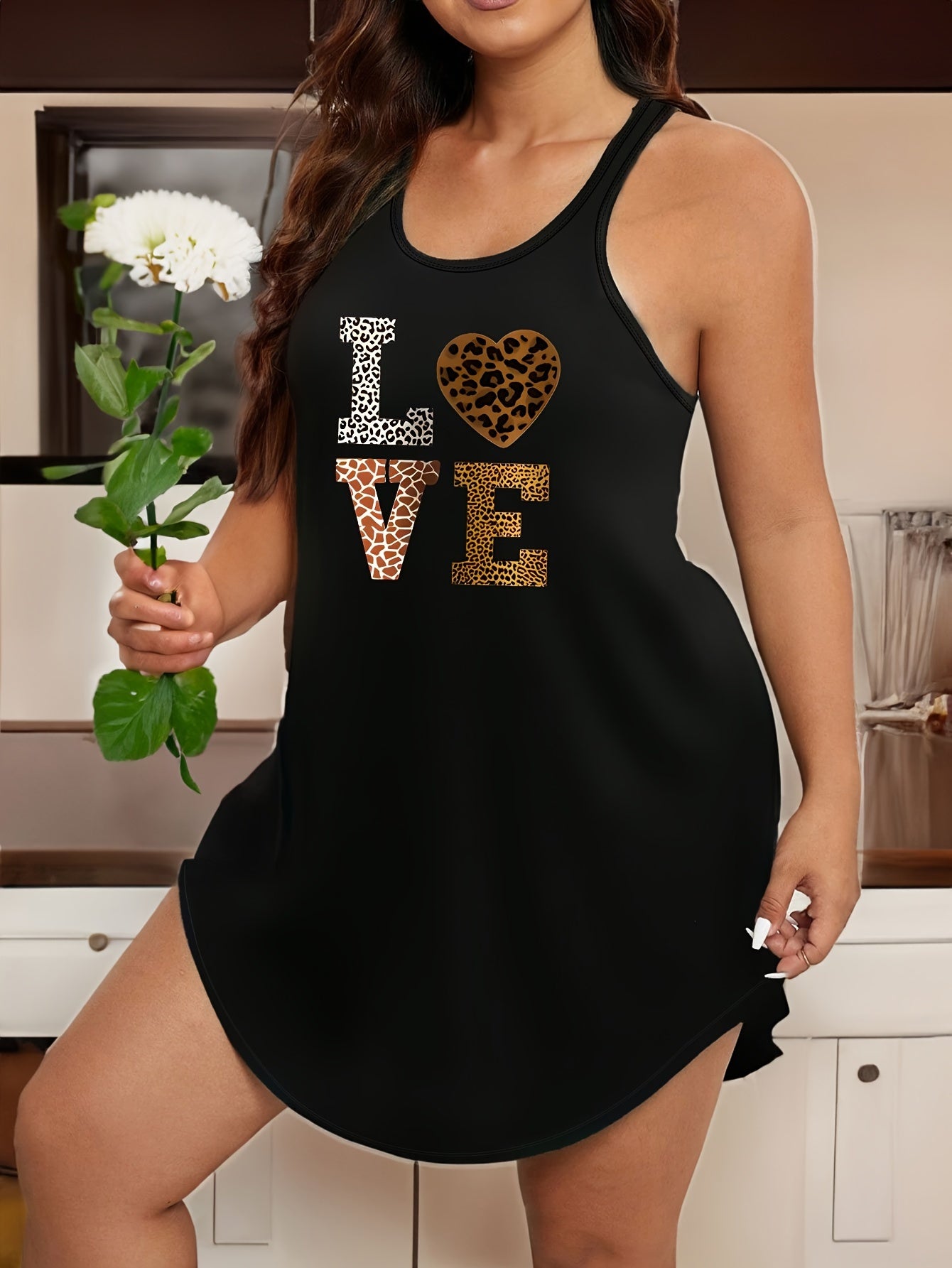 Semi-sheer leopard print tank dress with 'LOVE' lettering, round neck, and stretch fabric - machine washable.