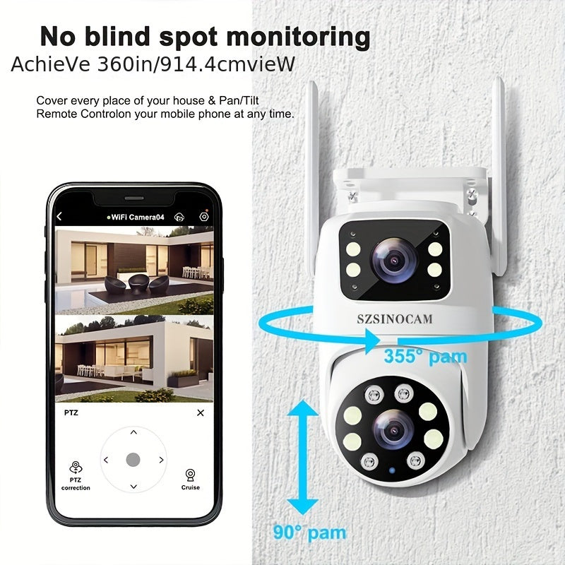 Outdoor Dual Lens WiFi Security Camera with AI Human Tracking, Color Night Vision, Two-Way Audio, and Pan Tilt Rotation. App controlled and USB powered. TF card not included. SZSINOCAM.